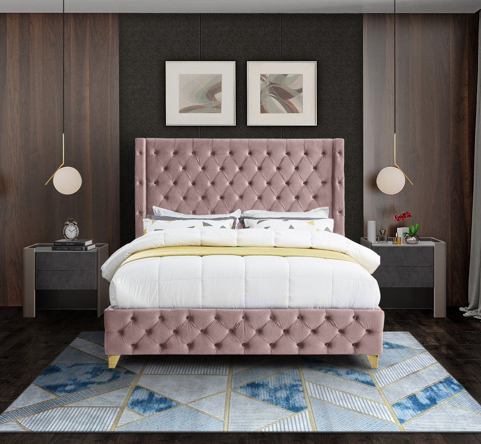 Savan Velvet Upholstered Bed, Pink, Full