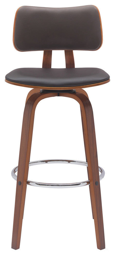 Pico 26" Swivel Walnut Wood Counter Stool, Brown Faux Leather With Chrome, 30