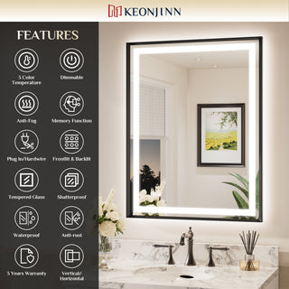 LED Vanity Mirror With Lights Metal Framed Front & Backlit, Dimmable, Black, 48x36