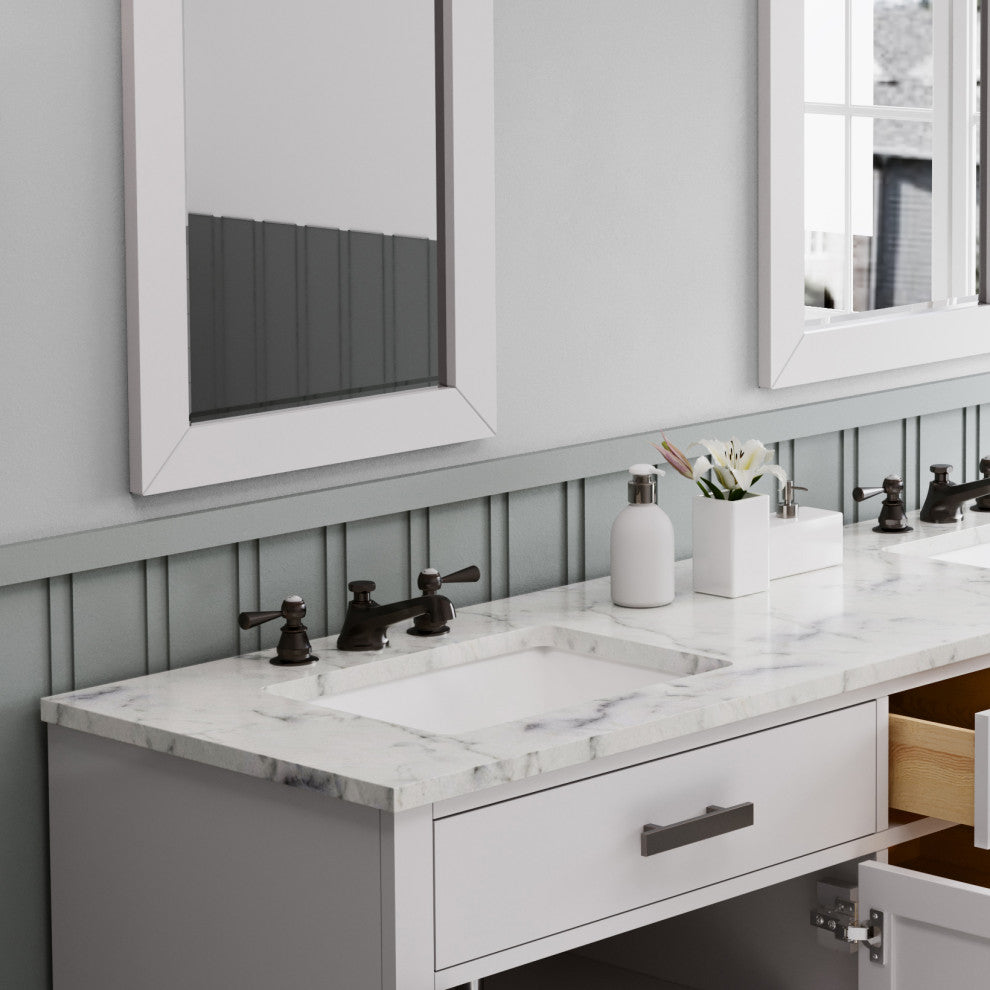 Hartford 72" Double Sink Marble Countertop Bath Vanity, White, Vanity With Small