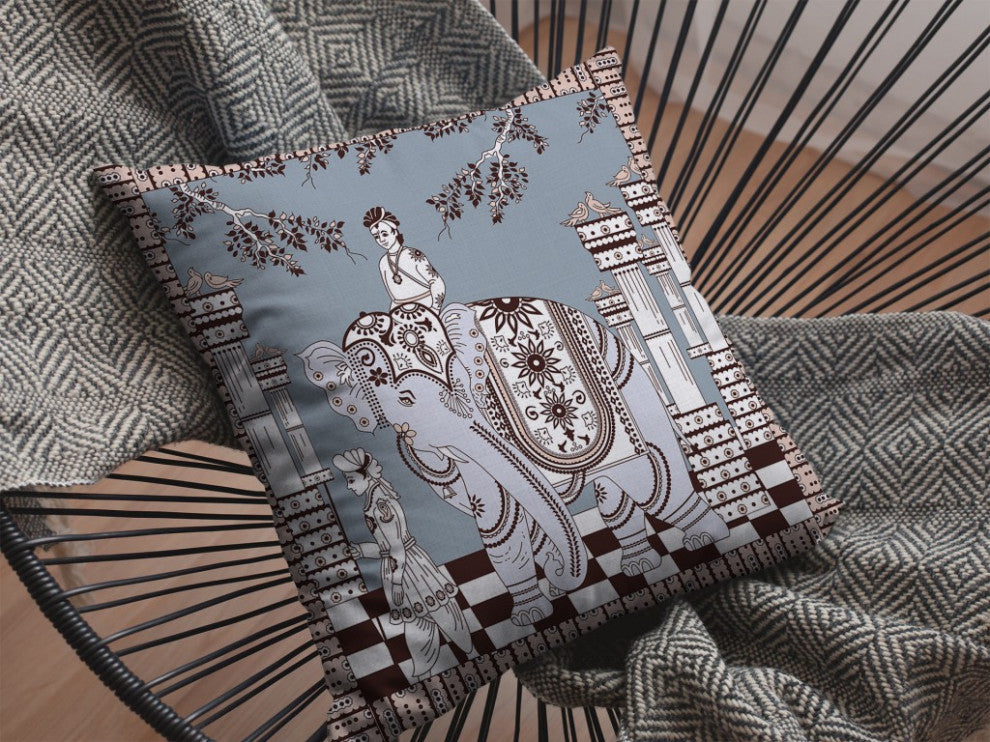 18" Blue Brown Ornate Elephant Suede Throw Pillow