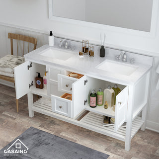 CASAINC 60" Marble Top Luxury Double Sink Bathroom Vanity, White