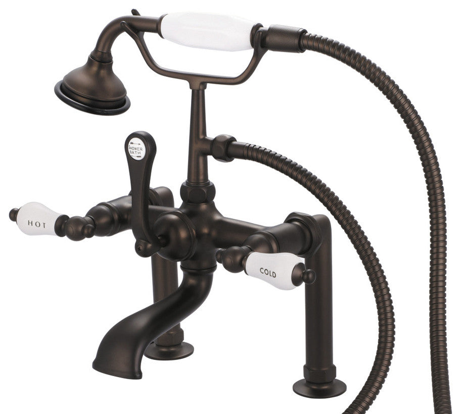 Vintage 7" Spread Deck Mount Tub Faucet w/Risers & Handshower, H&C Lever handles