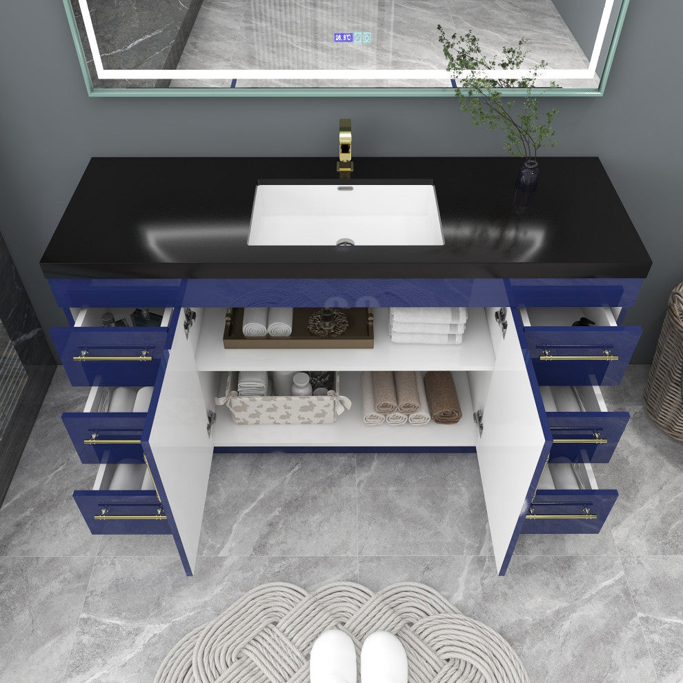 Rosa 60" Free Standing Modern Vanity, High Gloss Gray, Glossy White Top