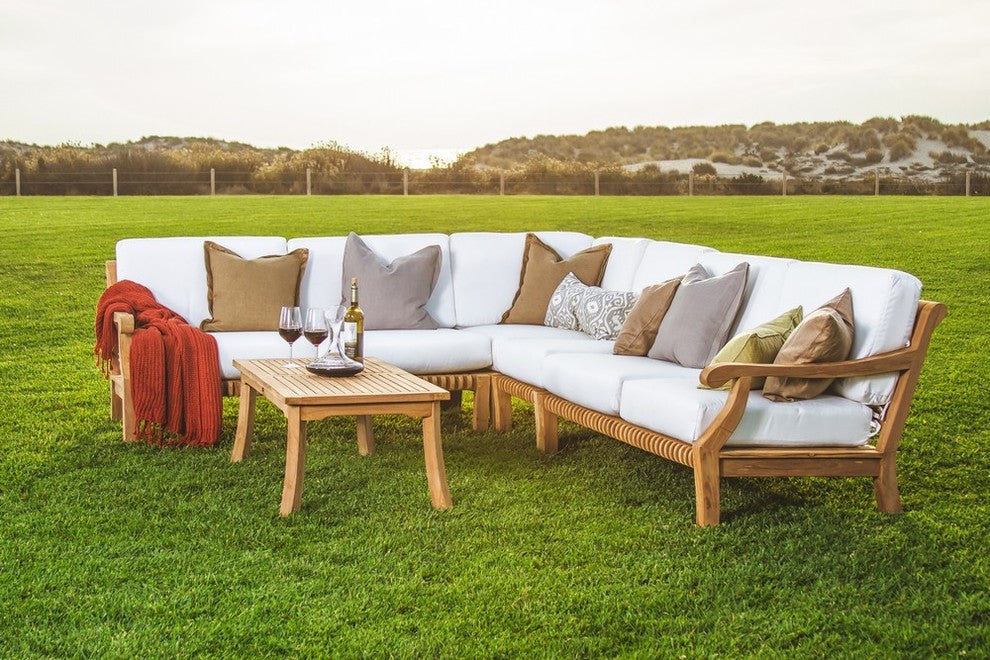 5-Piece Giva Teak Sectional Outdoor Sofa Set, Spectrum Sand Sunbrella Cushion