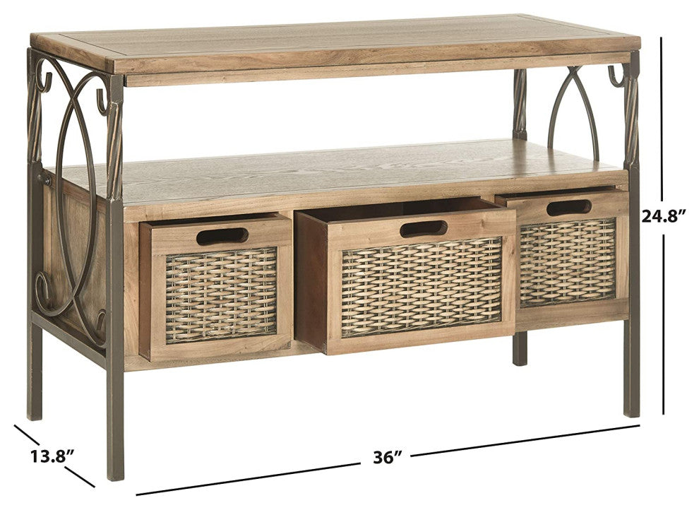 Unique Console Table, Pewter Metal Frame With Twist Accent and 3 Drawers, Oak