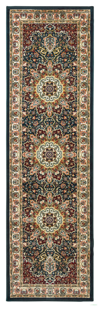Karaman Traditional Medallion Navy/ Ivory Area Rug, 2'3"x7'6"