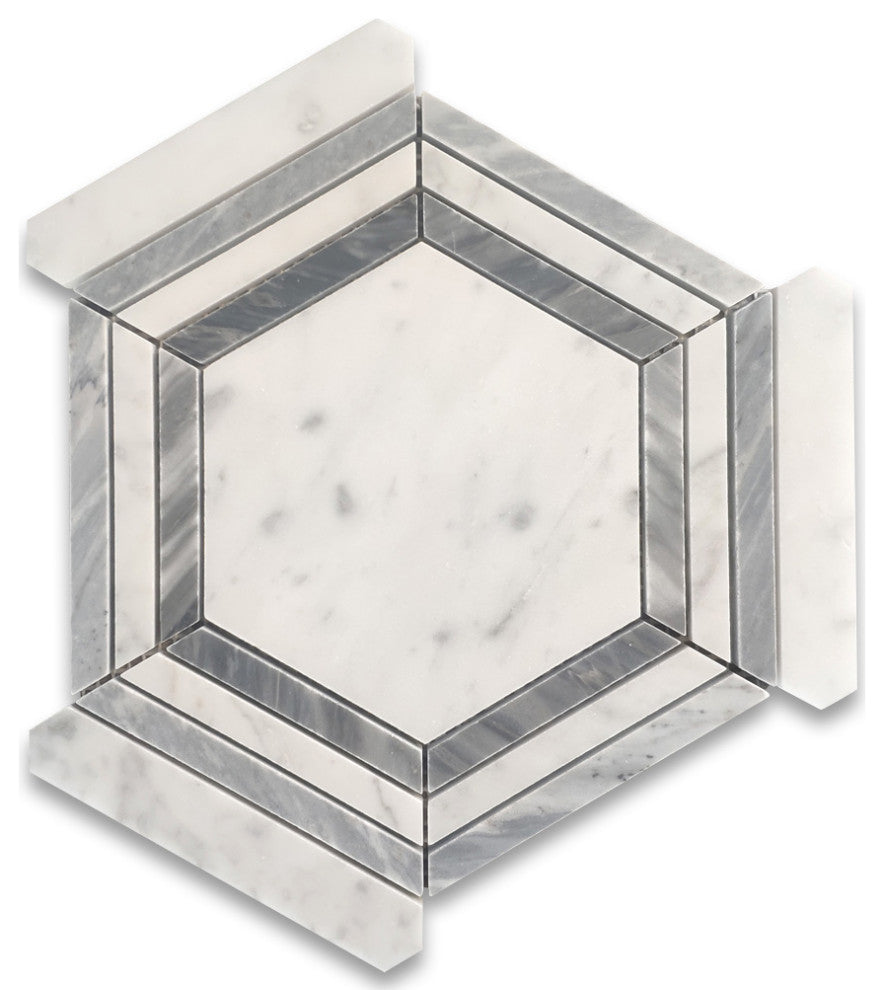 Carrara White Marble 5 Hexagon Georama Geometric Gray Strip Frame Tile, 1 sheet