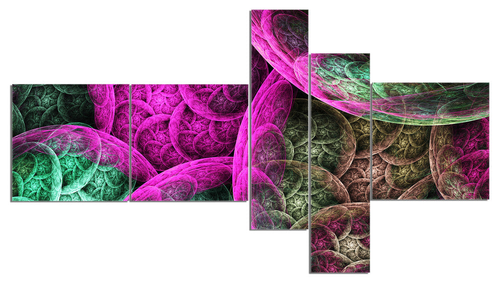 Pink Green Dramatic Clouds, Abstract Canvas Wall Art, 60"x32", 5 panels