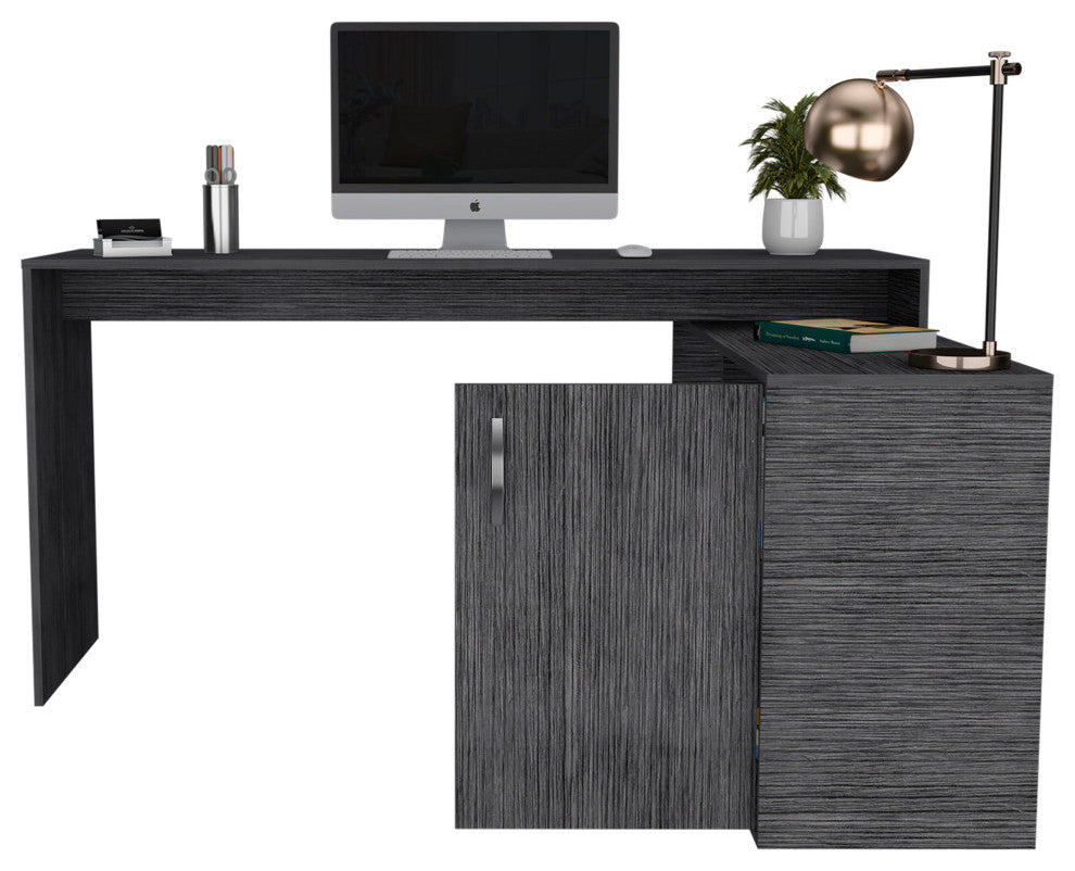 Dallas L-Shaped Home Office Desk with 2 Open Shelves and Cabinet, Smokey Oak