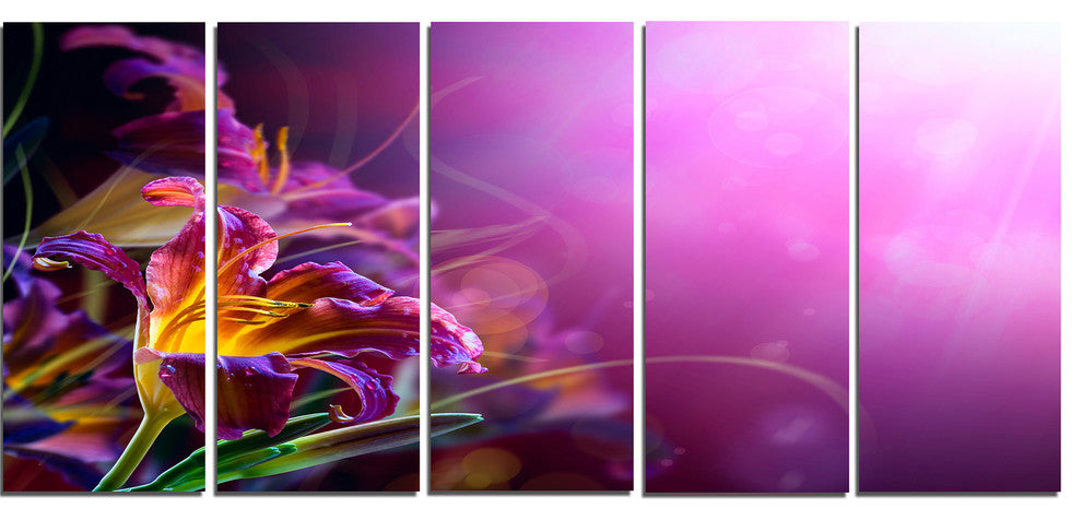 Flowers on Purple Background, Floral Canvas Art Print, 60"x28", 5 Panels