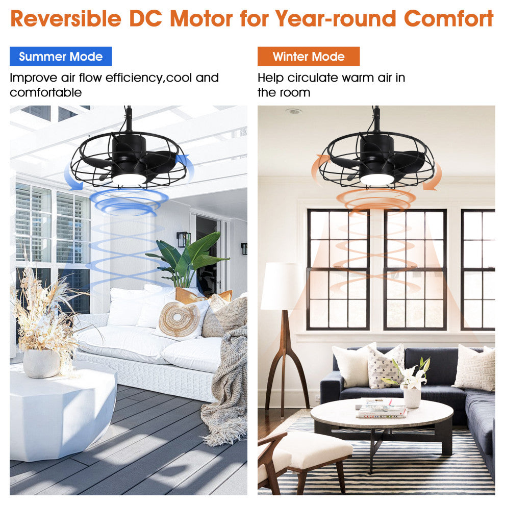 20-inch Modern Outdoor Black Small Cage Black LED Ceiling Fan with Remote