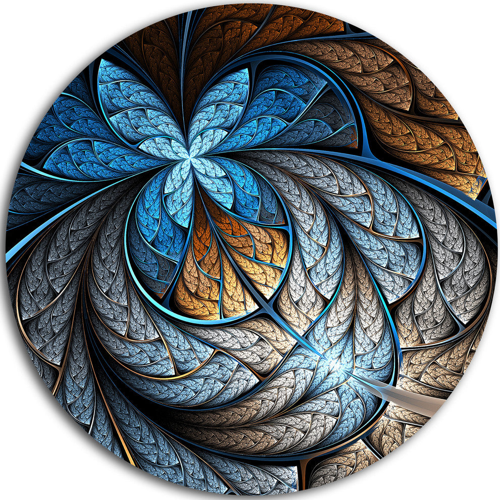 Blue Brown Fractal Flower Pattern, Floral Round Metal Wall Art, 11"