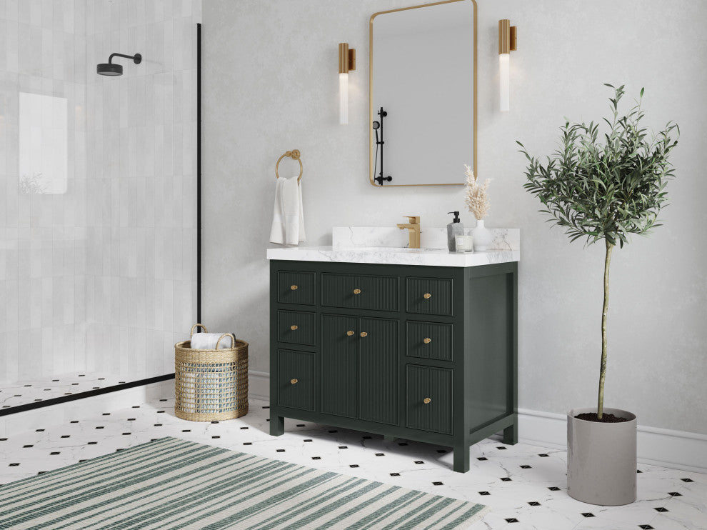 Sonoma 42 Single Sink Reeded Bath Vanity in Dark Forest Green 2" Piatra Gray