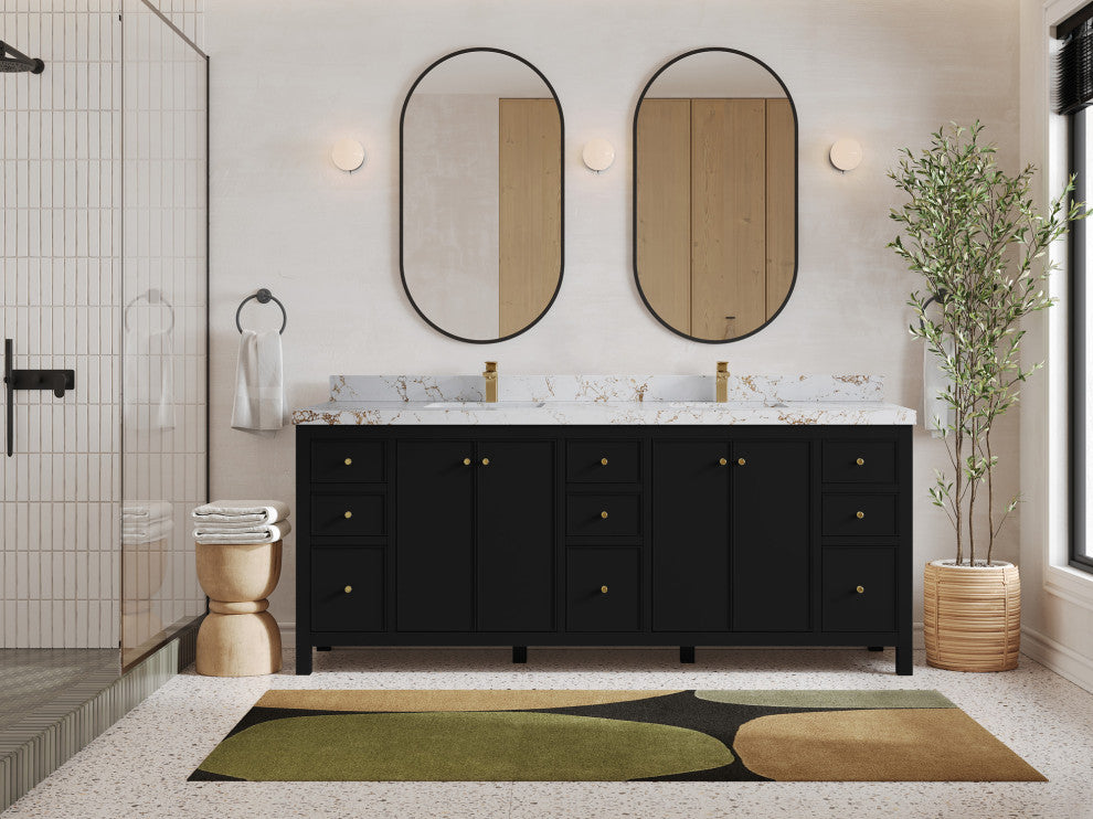 Chicago 84" Double Sink Bathroom Vanity, Black 2" Viola Gold