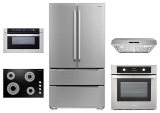 5PC, 36" Cooktop 30" Range Hood 24" Wall Oven 24.4" Microwave & Refrigerator