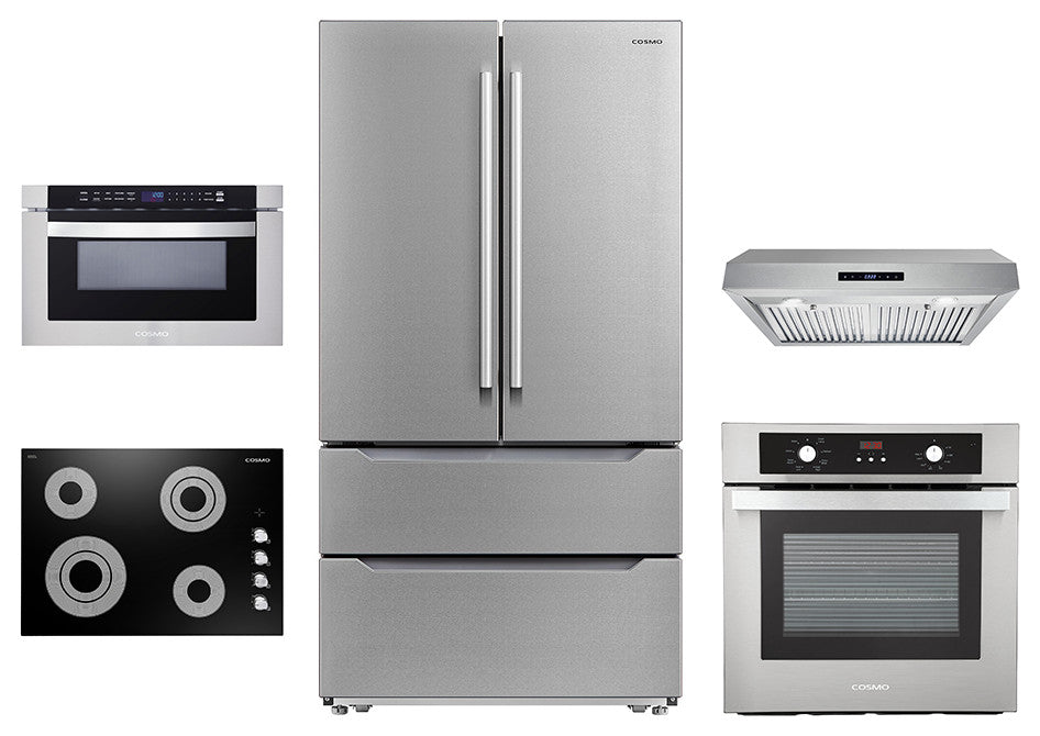 5PC, 36" Cooktop 30" Range Hood 24" Wall Oven 24.4" Microwave & Refrigerator