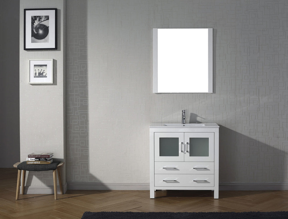 Dior 32" Single Bathroom Vanity, White, White Ceramic, Brushed Nickel Faucet
