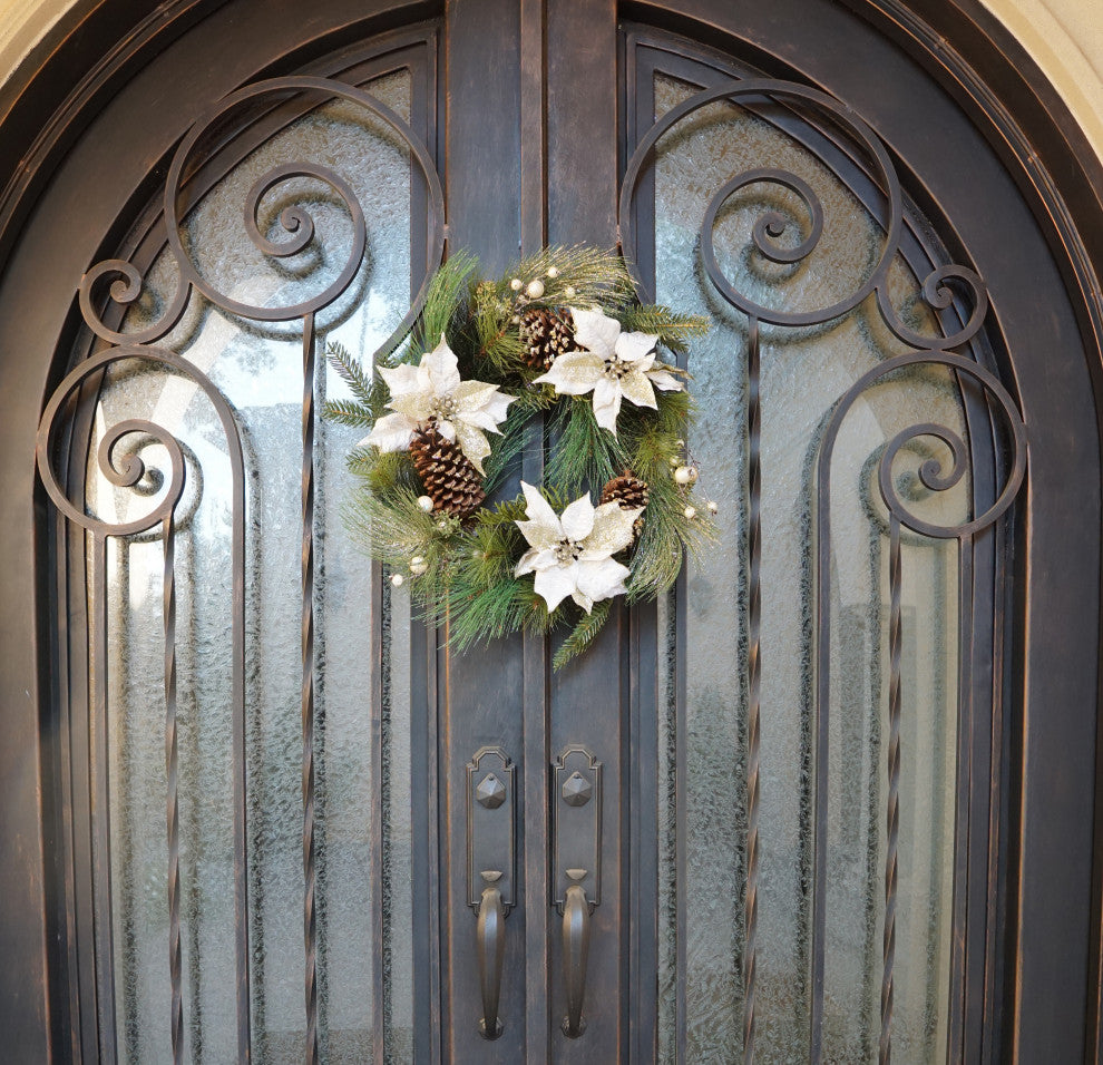 24" Poinsettia and Pine Cone Wreath