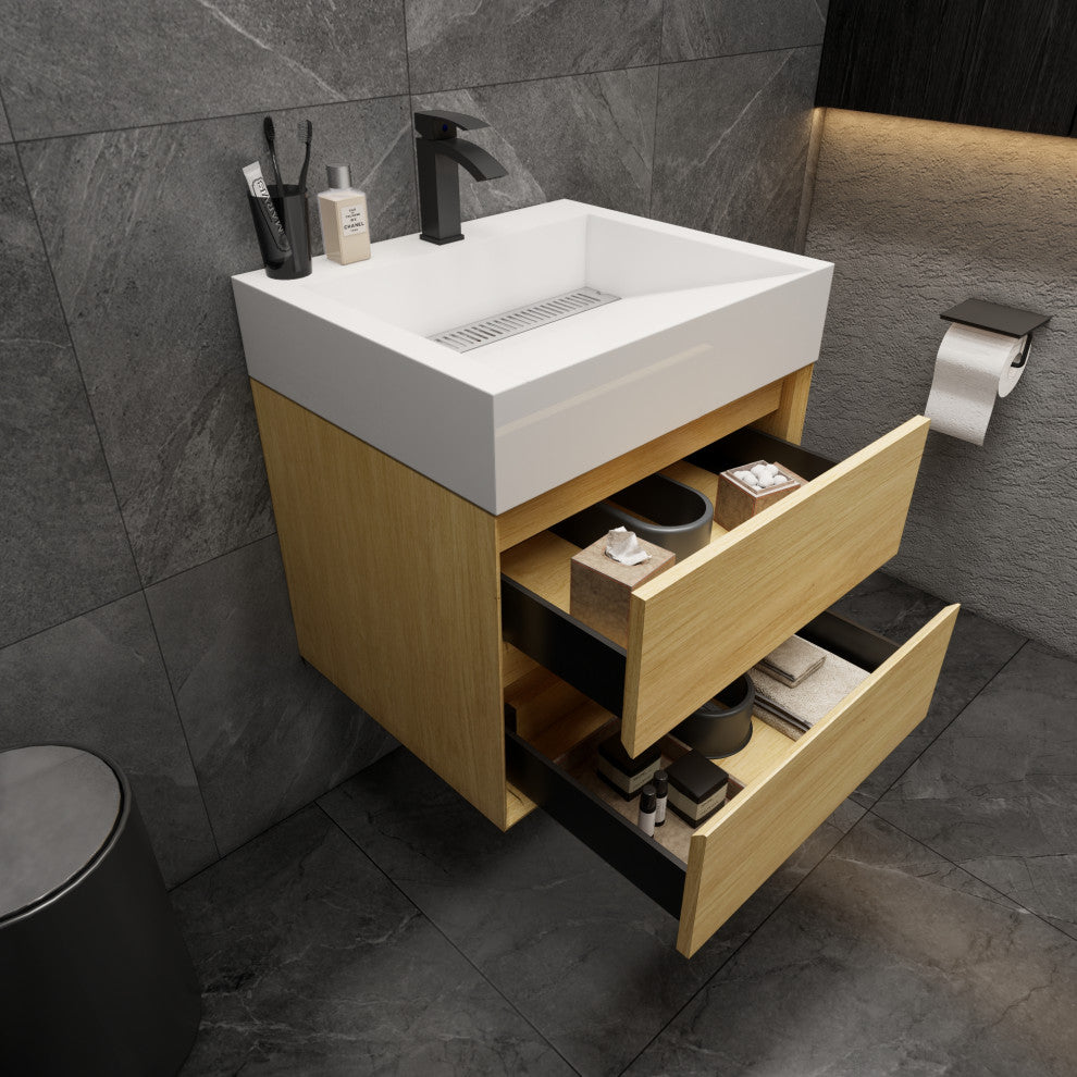 MAX 24" Floating Bath Vanity With Acrylic Sink, Teak Oak