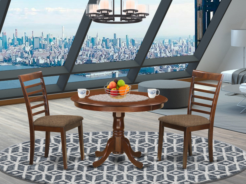 3 Pc Set, Kitchen Table And 2 Linen Seat Dinette Kitchen Chairs, Mahogany