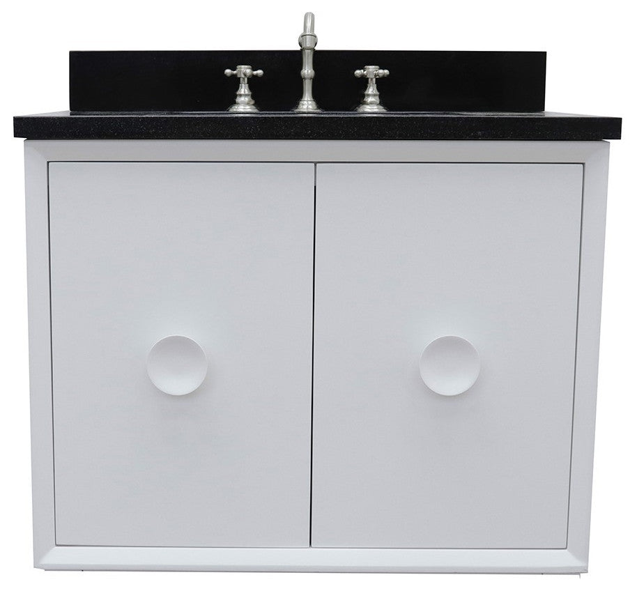 31" Single Wall Mount Vanity, White Finish With Black Galaxy Top