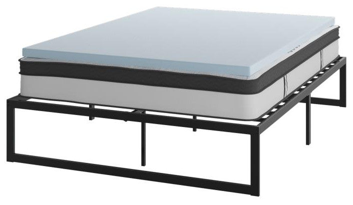 14" Metal Platform Bed Frame, 10" Pocket Spring Mattress & Memory Foam Topper, Black, King