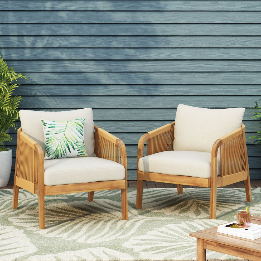 Allerton Outdoor Acacia Wood and Wicker Club Chairs With Cushions, Set of 2