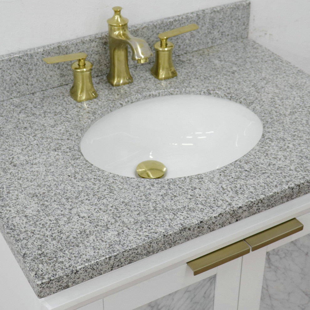 31" Single Sink Vanity, White Finish With Gray Granite With Oval Sink