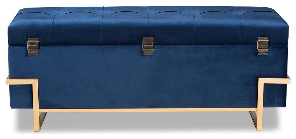 Parker Glam and Luxe Navy Blue Velvet Upholstered and Gold Metal Finished...