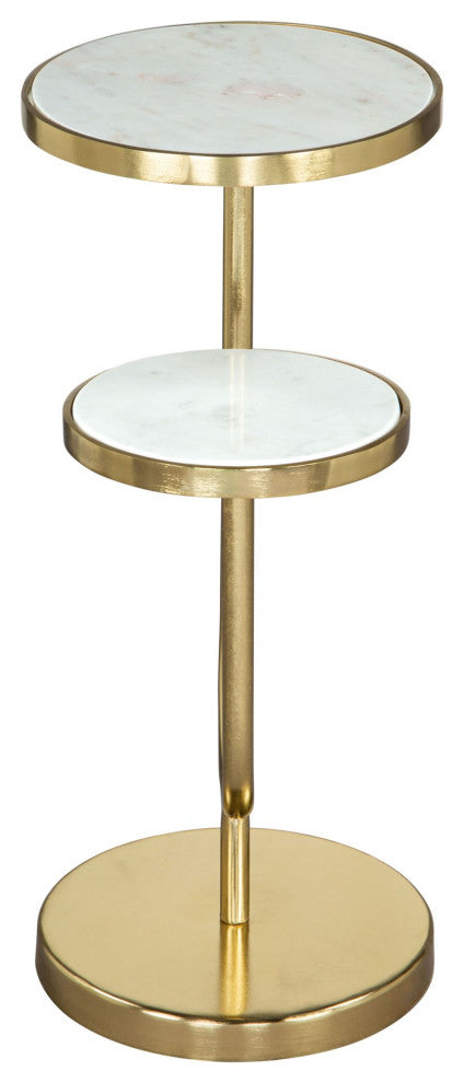 Sofa Side Table, Round, Artificial Marble, Iron Metal, White, Gold, Hospitality