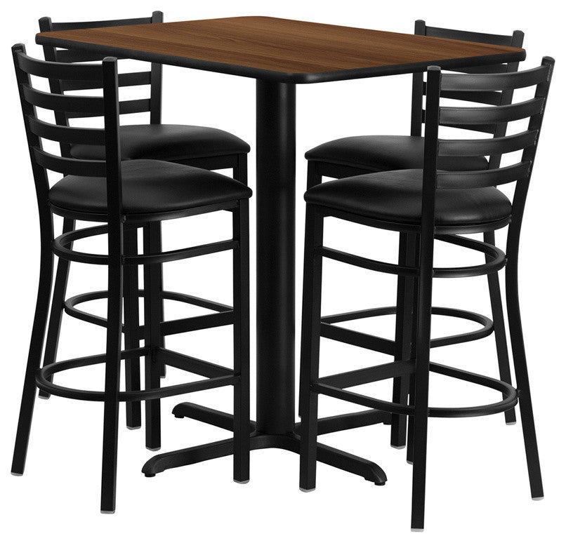 24''Wx42''L Rectangular Walnut Laminate Table, 4 Ladder Back Metal Barstools