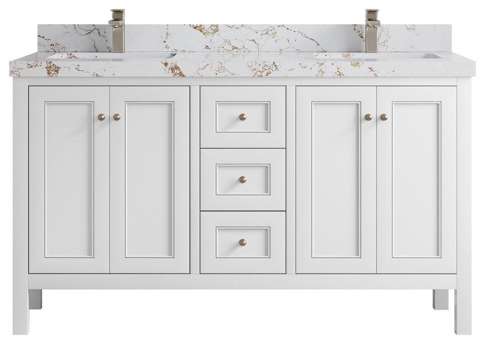 Nashville 60" Double Bathroom Vanity, White 2" Viola Gold