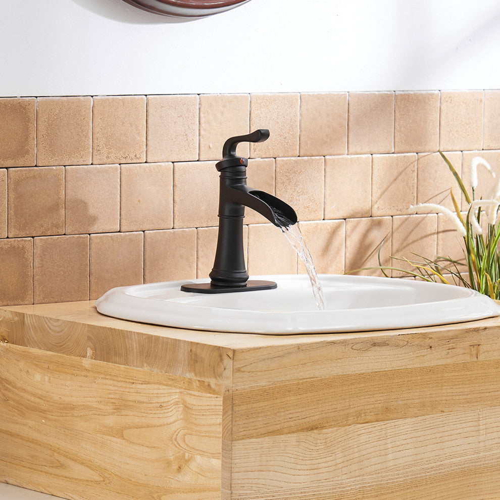 Waterfall Spout Bathroom Sink Faucet with Pop-up Drain, Matte Black