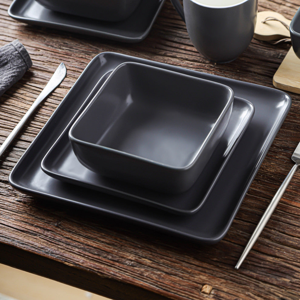 Stone Lain Amy Porcelain Plates and Bowls Sets, 24 Piece Dinnerware Set, Gray