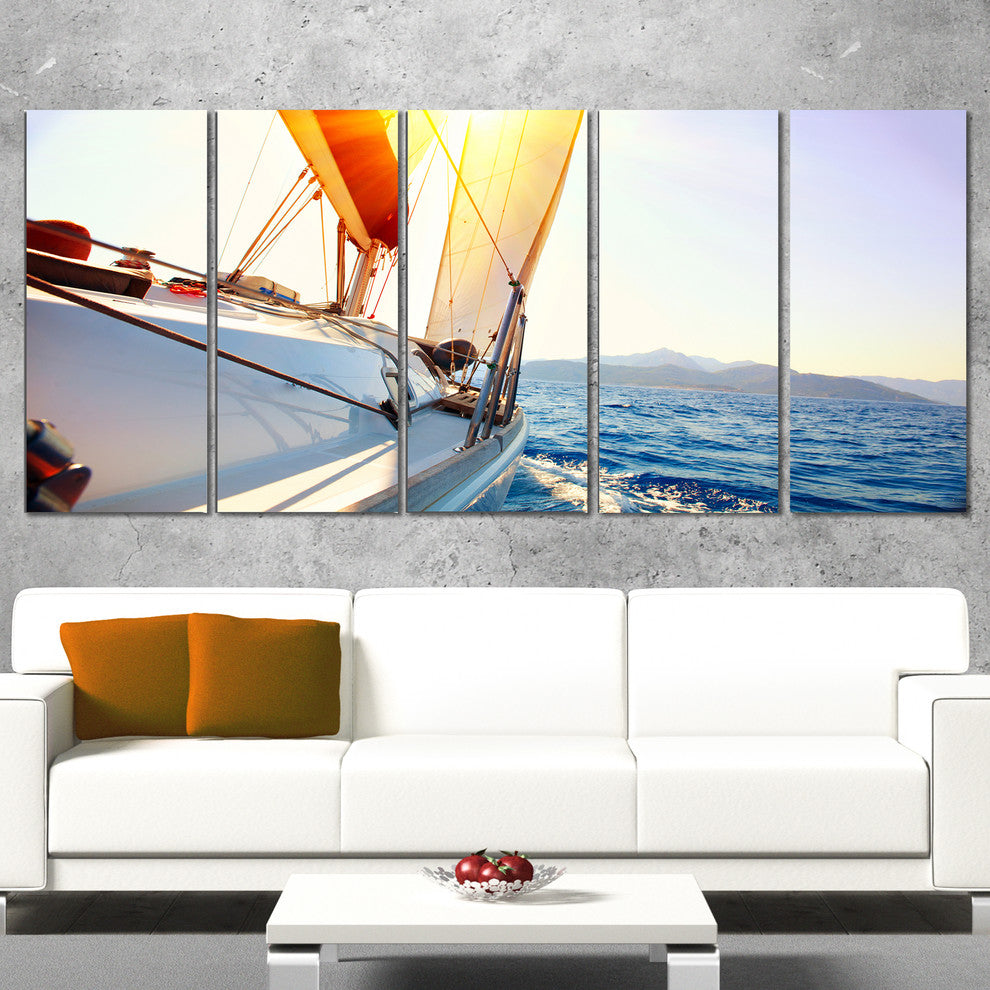 Sailboat Sailing in the Blue Sea, Seashore Canvas Wall Art, 60"x28", 5 Panels