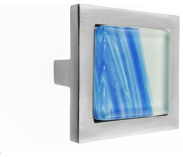 Hand Brushed Blue Tilted Stroke Crystal Glass Brushed Nickel Square Manor Knob