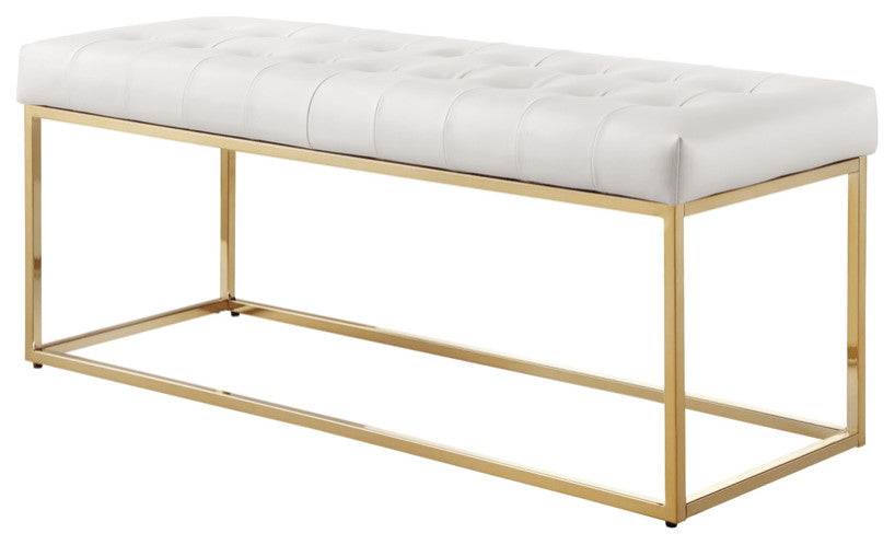 48" White and Gold Upholstered Faux Leather Bench
