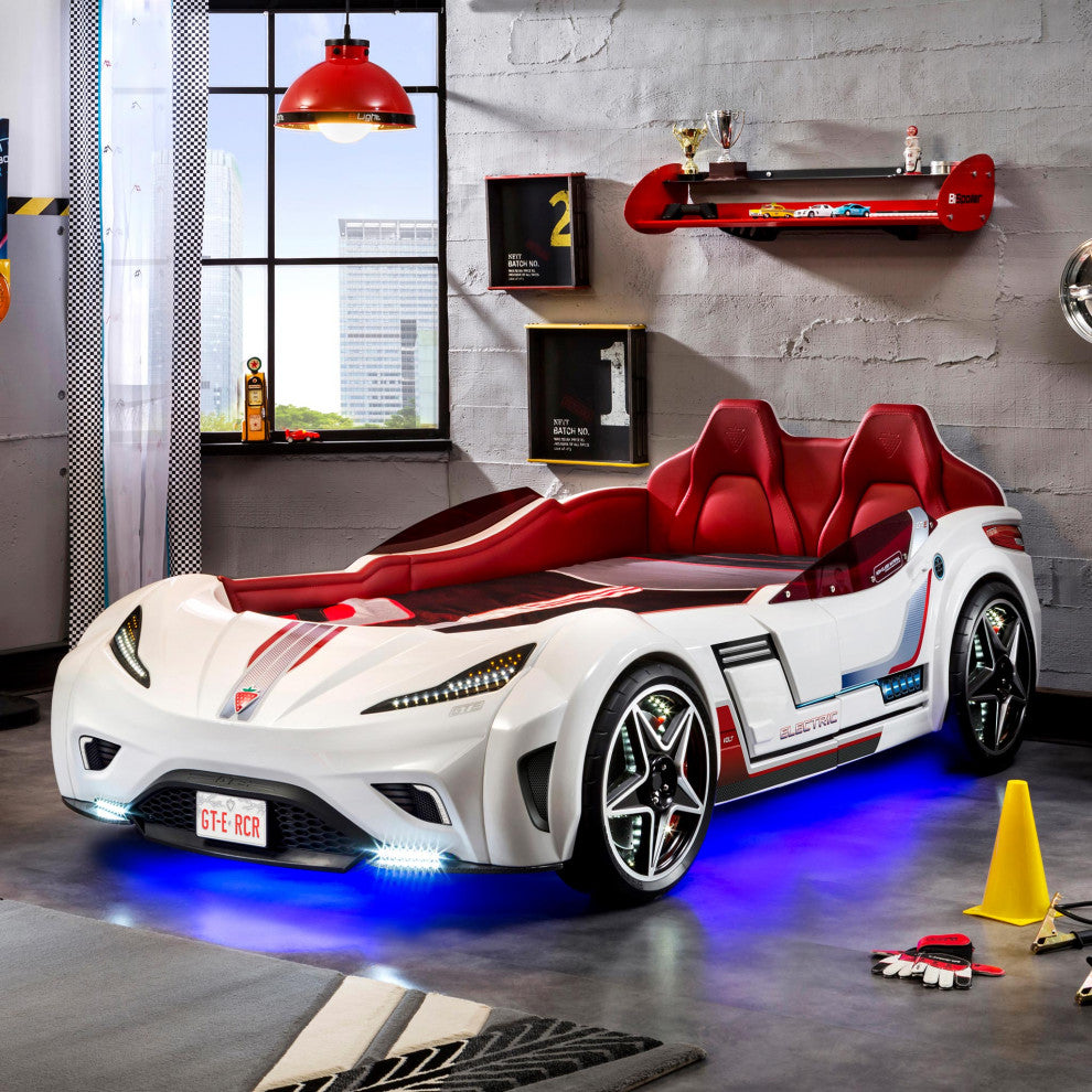 GTS EV Twin-Size Race Car Bed, Remote Control, LED Lights, EV Sound FX, White