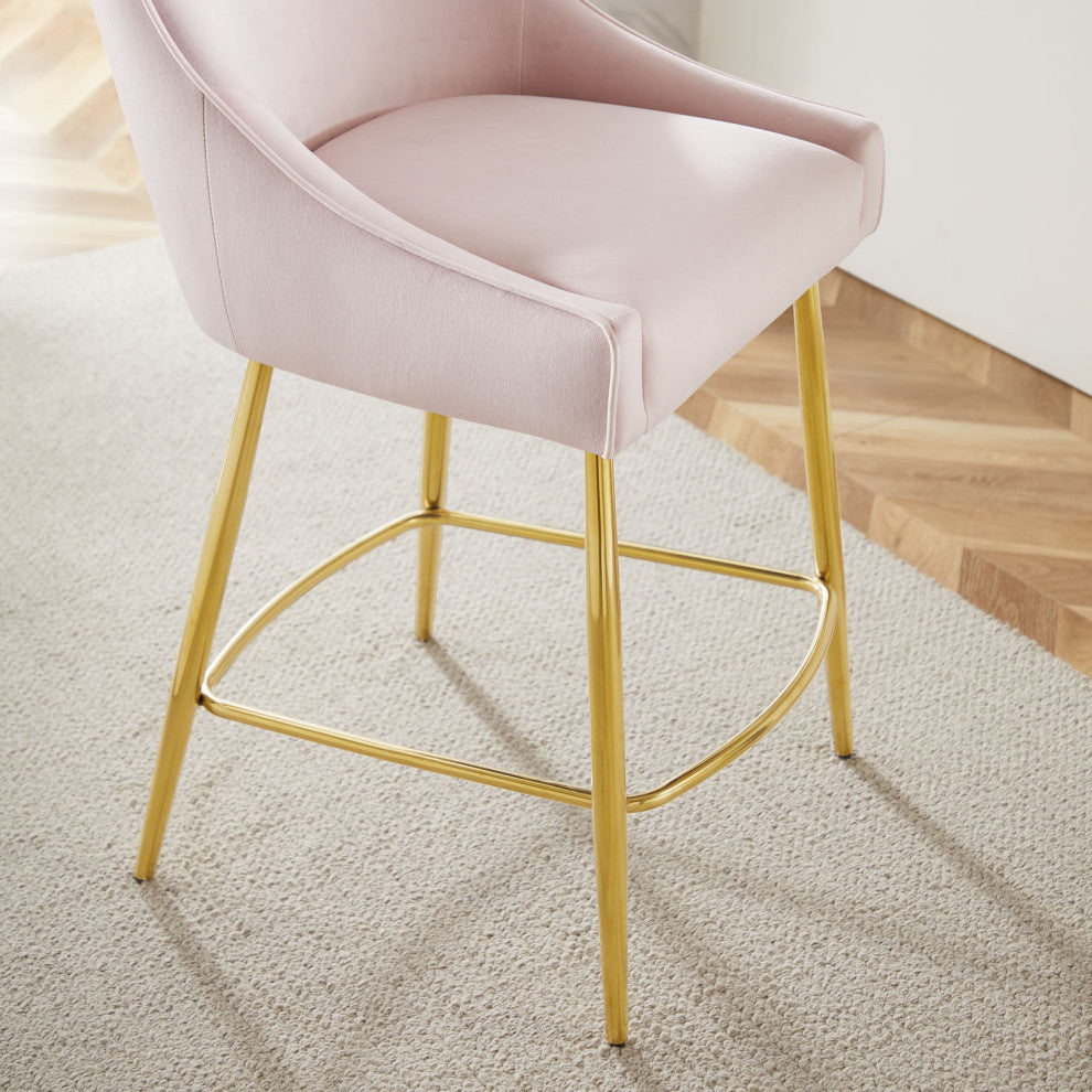 Counter Stool Chair, Set of 2, Pink, Velvet, Modern, Mid Century Lounge Dining