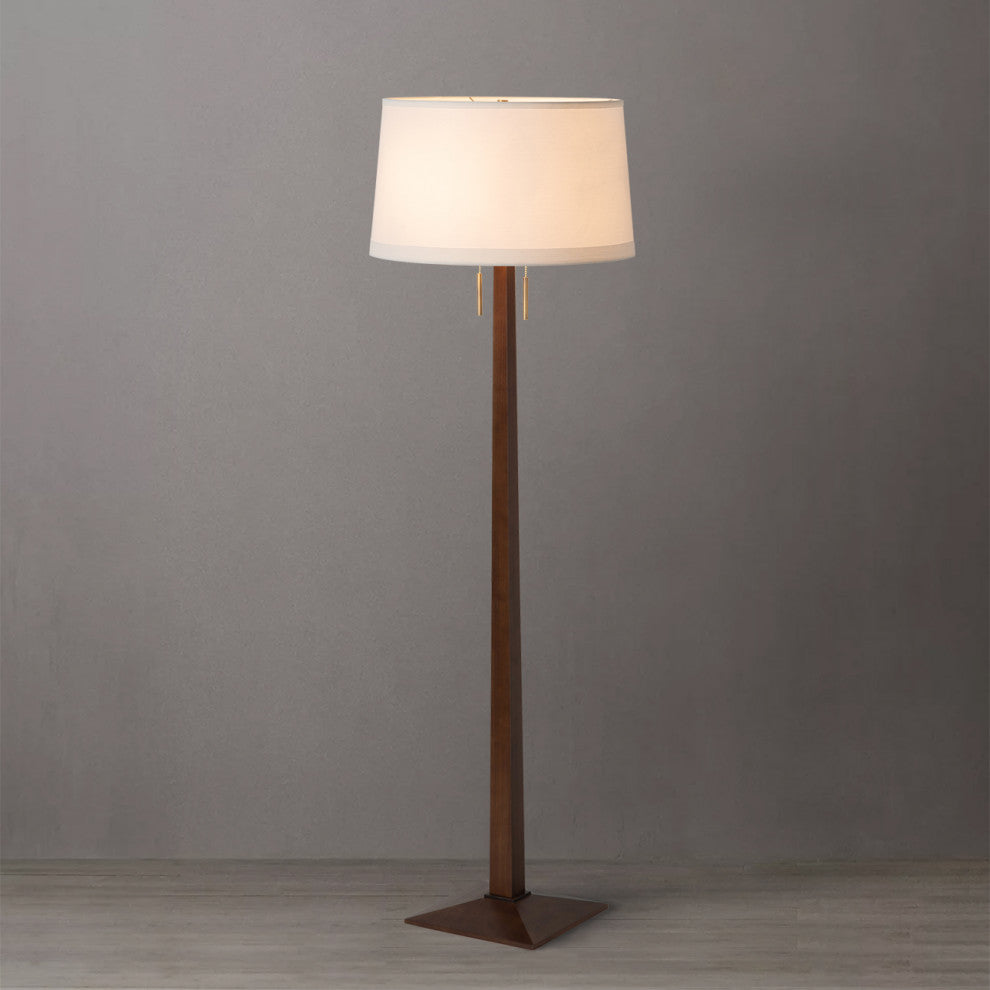 Taper Floor Lamp Dark Walnut Wood Finish, Weather Brass, White Shade, Dimmer