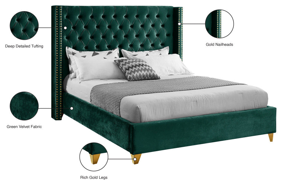 Barolo Velvet Upholstered Bed, Green, Queen