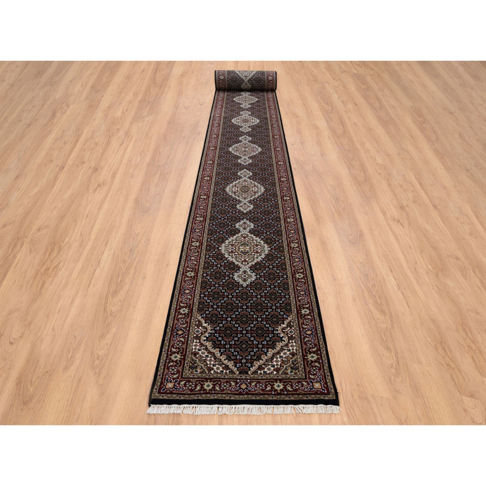 Black Hand Knotted, Tebraz Mahi Wool and Silk XL Runner Rug, 2'6"x26'3"