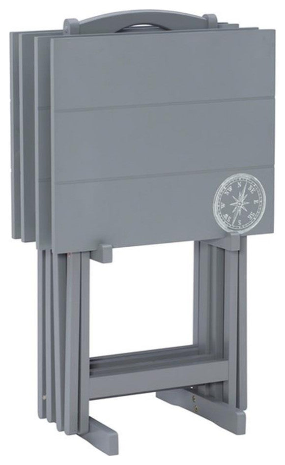 Linon Lorie 5 Piece Tray Table Set Planked Top with Compass Design in Gray Wood
