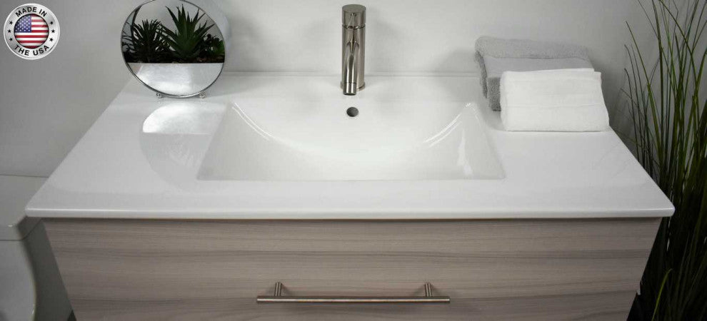 Napa 36" Modern Floating Bathroom Vanity With Ceramic Top and Round Handles, Ash Gray