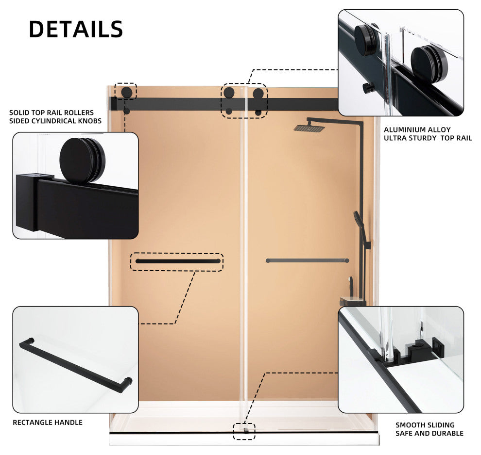 60 in. W x 79" H Double Sliding Frameless Shower Door, Matte Black