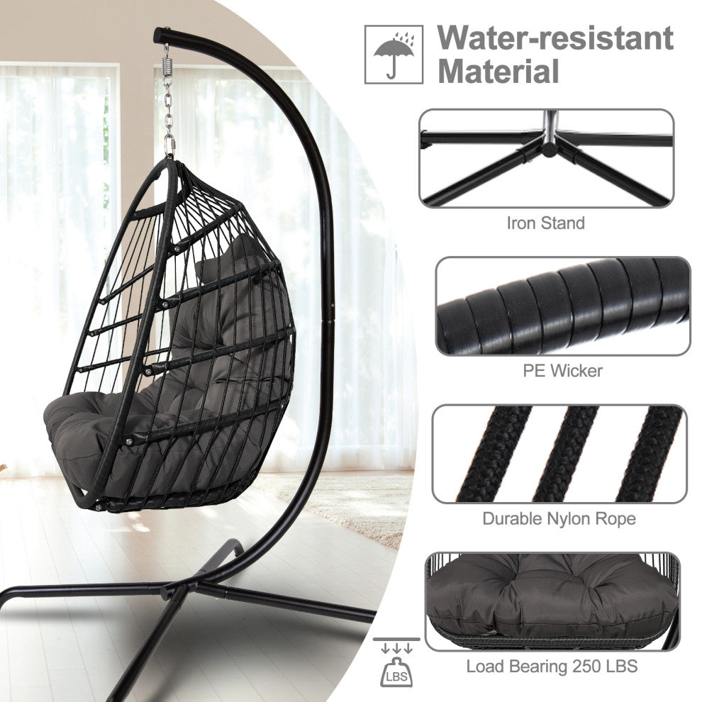 Outdoor Rattan Swing Chair Hanging Egg Chair With Cushion and Pillow, Dark Gray