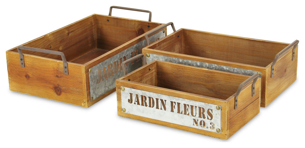 Jardin Fleurs Wood Metal Stamped Crate, Set of 3