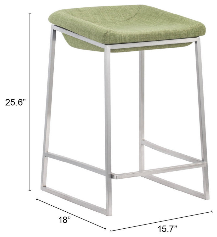 Counter Stool Chair, Set of 2, Steel Metal, Fabric, Green, Silver, Cafe Bistro