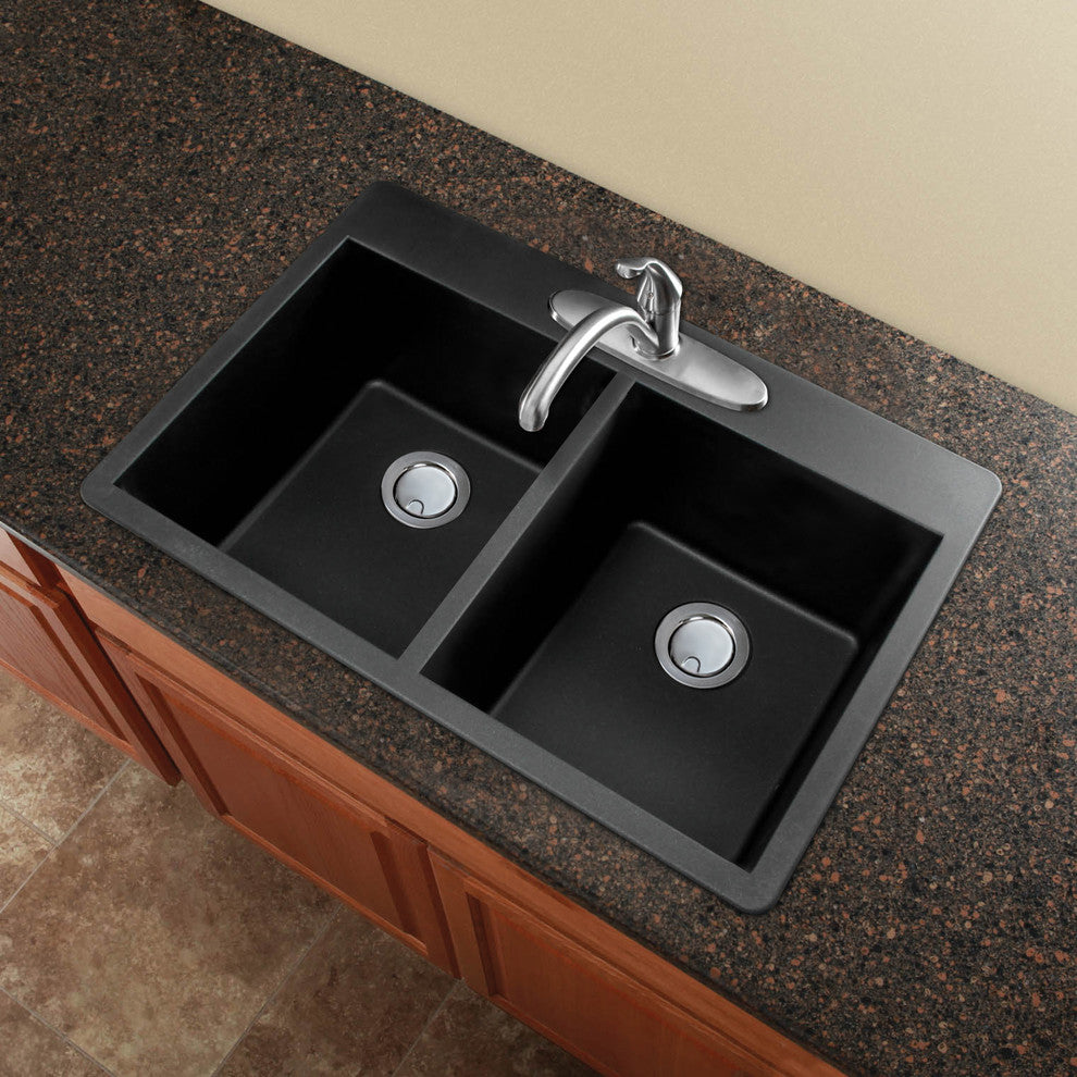 Radius 33" silQ Granite Double Bowl Kitchen Sink with 1 Hole in Black